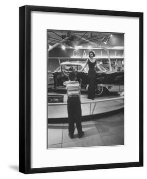 Model Posing Beside Cadillac Eldorado Captures Attention of Young Boy at National Automobile Show-Walter Sanders-Framed Photographic Print