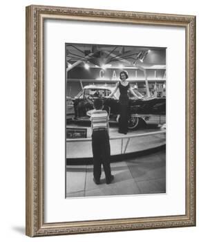 Model Posing Beside Cadillac Eldorado Captures Attention of Young Boy at National Automobile Show-Walter Sanders-Framed Photographic Print