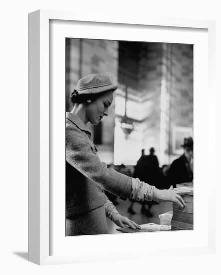 Model Posing in a Train Station in a Tweed Suit-Gordon Parks-Framed Photographic Print