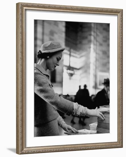 Model Posing in a Train Station in a Tweed Suit-Gordon Parks-Framed Photographic Print