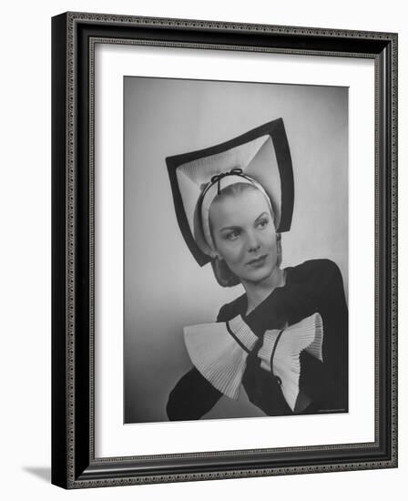 Model Selene Mahri Wearing Hattie Carnegie Fluted "Abbess" Hat with Matching Cuffed Gloves-Nina Leen-Framed Photographic Print