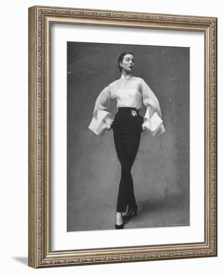 Model Showing Off Elegant White Organdy Shirt with Black Skirt by Lavin Castillo-Gordon Parks-Framed Photographic Print