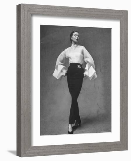 Model Showing Off Elegant White Organdy Shirt with Black Skirt by Lavin Castillo-Gordon Parks-Framed Photographic Print