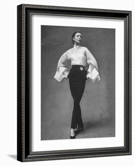 Model Showing Off Elegant White Organdy Shirt with Black Skirt by Lavin Castillo-Gordon Parks-Framed Photographic Print