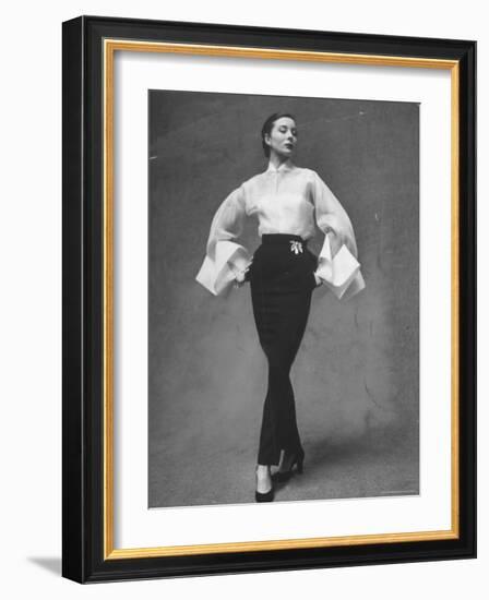 Model Showing Off Elegant White Organdy Shirt with Black Skirt by Lavin Castillo-Gordon Parks-Framed Photographic Print