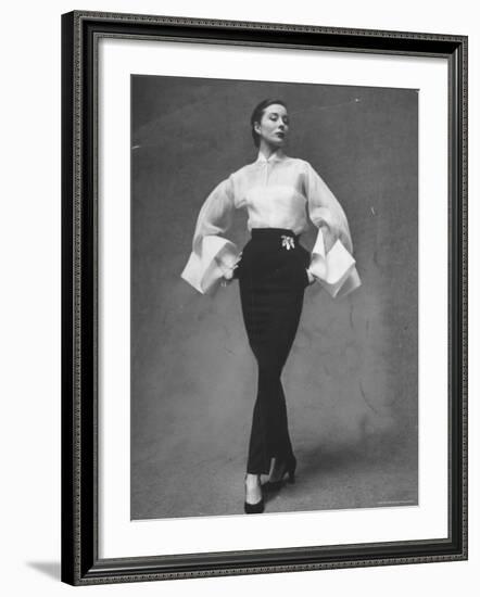 Model Showing Off Elegant White Organdy Shirt with Black Skirt by Lavin Castillo-Gordon Parks-Framed Photographic Print