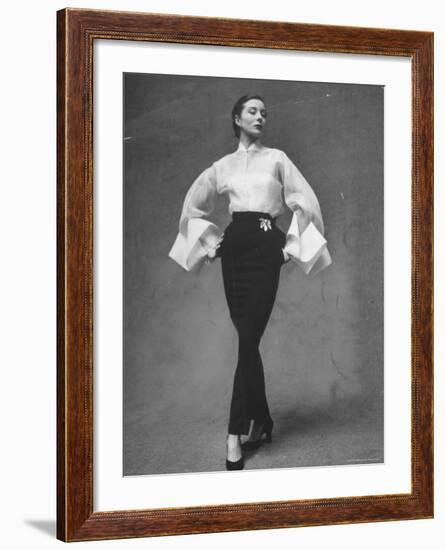 Model Showing Off Elegant White Organdy Shirt with Black Skirt by Lavin Castillo-Gordon Parks-Framed Photographic Print