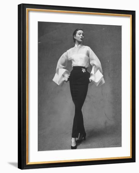 Model Showing Off Elegant White Organdy Shirt with Black Skirt by Lavin Castillo-Gordon Parks-Framed Photographic Print