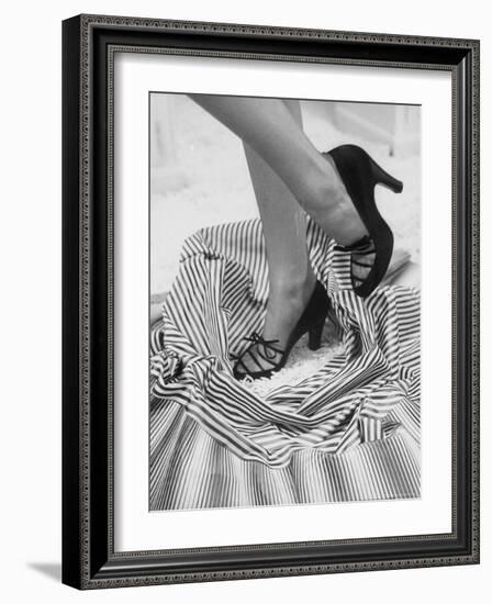 Model Showing Off Satin Pumps for the Spring Season, at Saks Fifth Avenue-Nina Leen-Framed Photographic Print