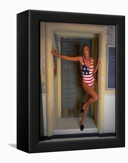 Model Standing in Doorway Modeling Ralph Lauren's Cotton and Lycra One Piece Flag Bathing Suit-Ted Thai-Framed Premier Image Canvas