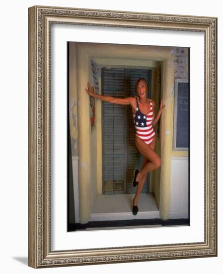 Model Standing in Doorway Modeling Ralph Lauren's Cotton and Lycra One Piece Flag Bathing Suit-Ted Thai-Framed Photographic Print