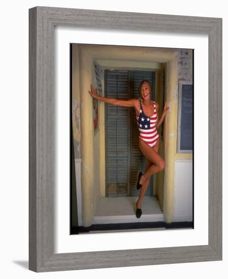 Model Standing in Doorway Modeling Ralph Lauren's Cotton and Lycra One Piece Flag Bathing Suit-Ted Thai-Framed Photographic Print