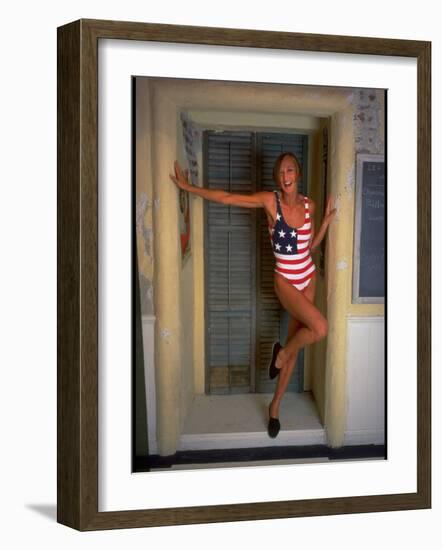Model Standing in Doorway Modeling Ralph Lauren's Cotton and Lycra One Piece Flag Bathing Suit-Ted Thai-Framed Photographic Print
