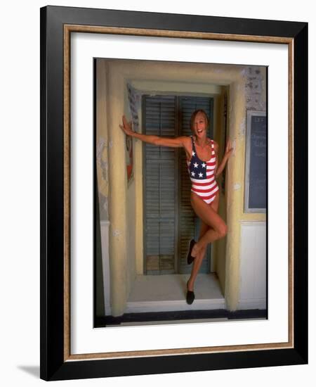 Model Standing in Doorway Modeling Ralph Lauren's Cotton and Lycra One Piece Flag Bathing Suit-Ted Thai-Framed Photographic Print