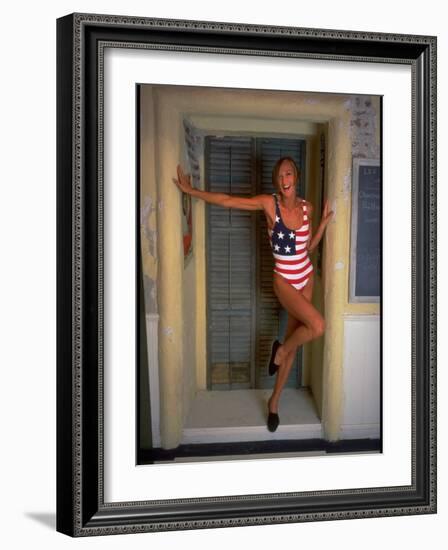 Model Standing in Doorway Modeling Ralph Lauren's Cotton and Lycra One Piece Flag Bathing Suit-Ted Thai-Framed Photographic Print