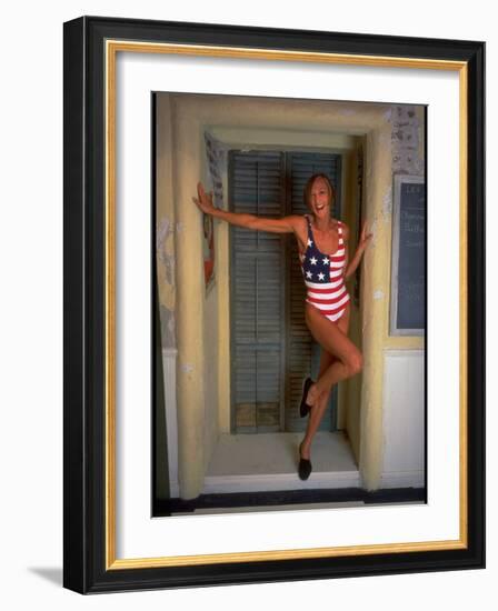 Model Standing in Doorway Modeling Ralph Lauren's Cotton and Lycra One Piece Flag Bathing Suit-Ted Thai-Framed Photographic Print