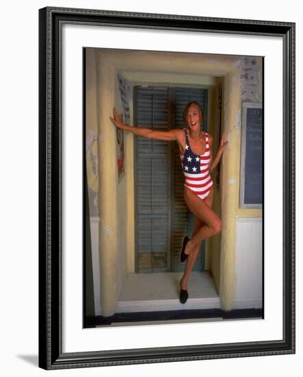 Model Standing in Doorway Modeling Ralph Lauren's Cotton and Lycra One Piece Flag Bathing Suit-Ted Thai-Framed Photographic Print