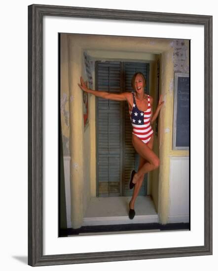 Model Standing in Doorway Modeling Ralph Lauren's Cotton and Lycra One Piece Flag Bathing Suit-Ted Thai-Framed Photographic Print