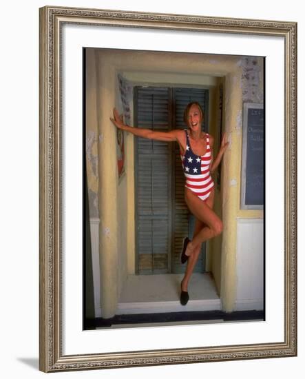 Model Standing in Doorway Modeling Ralph Lauren's Cotton and Lycra One Piece Flag Bathing Suit-Ted Thai-Framed Photographic Print