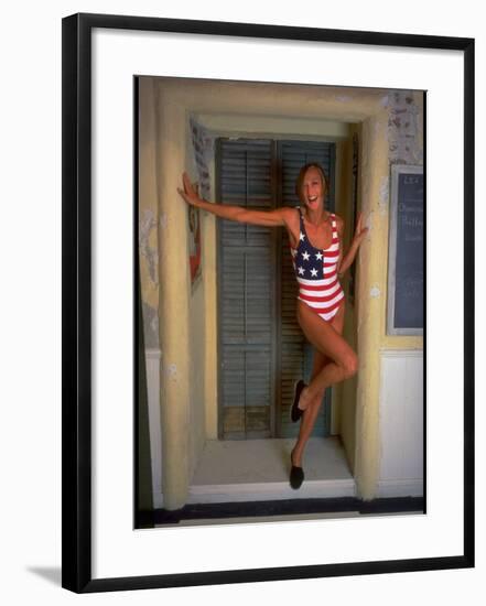 Model Standing in Doorway Modeling Ralph Lauren's Cotton and Lycra One Piece Flag Bathing Suit-Ted Thai-Framed Photographic Print