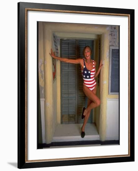 Model Standing in Doorway Modeling Ralph Lauren's Cotton and Lycra One Piece Flag Bathing Suit-Ted Thai-Framed Photographic Print