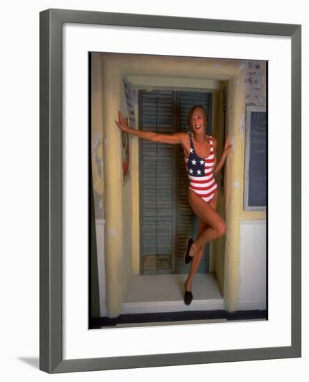 Model Standing in Doorway Modeling Ralph Lauren's Cotton and Lycra One Piece Flag Bathing Suit-Ted Thai-Framed Photographic Print