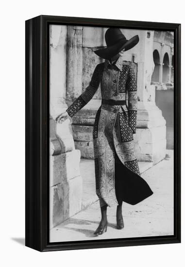 Model Wearing a Belted Valentino Wool Coat with Positano Foulard Design-Henry Clarke-Framed Stretched Canvas
