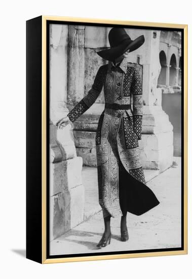 Model Wearing a Belted Valentino Wool Coat with Positano Foulard Design-Henry Clarke-Framed Stretched Canvas