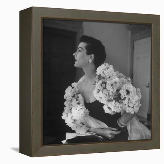 Model Wearing a Flowery Dress While Peering Into the Distance-Nina Leen-Framed Premier Image Canvas