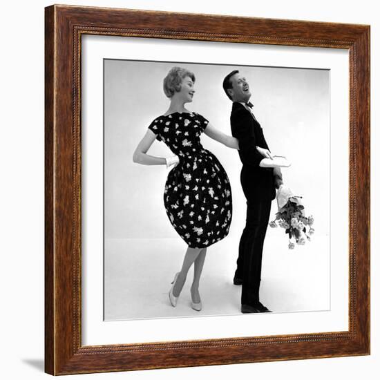 Model Wearing a Puff Ball Skirt and Escort with Roses, 1958-John French-Framed Premium Giclee Print