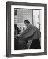 Model Wearing Checkered, Deep Cuffed Fleece Coat Designed by Pauline Trigere-Nina Leen-Framed Photographic Print