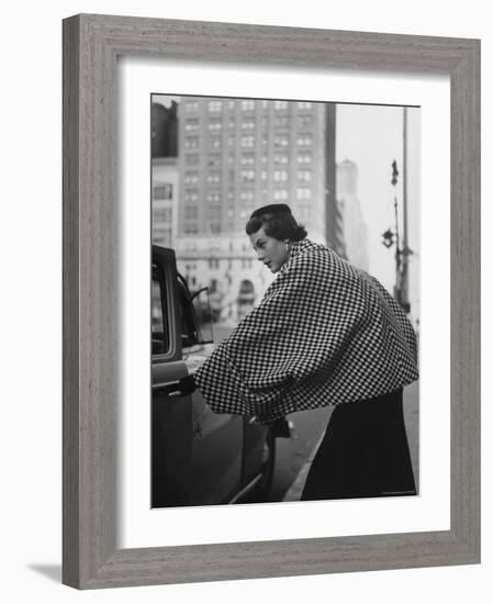 Model Wearing Checkered, Deep Cuffed Fleece Coat Designed by Pauline Trigere-Nina Leen-Framed Photographic Print