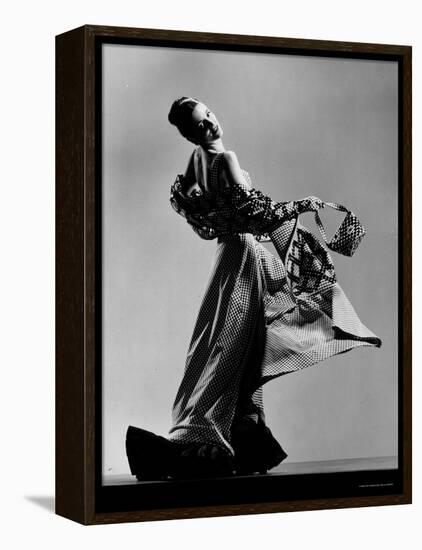 Model Wearing Checkered Evening Dress with Matching Evening Bag, Gloves and Stole-Gjon Mili-Framed Premier Image Canvas