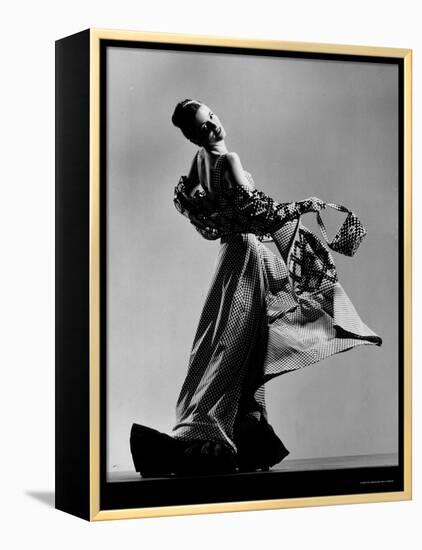 Model Wearing Checkered Evening Dress with Matching Evening Bag, Gloves and Stole-Gjon Mili-Framed Premier Image Canvas