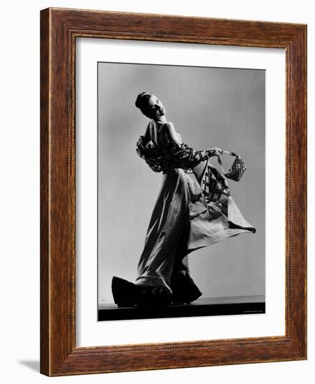 Model Wearing Checkered Evening Dress with Matching Evening Bag, Gloves and Stole-Gjon Mili-Framed Photographic Print