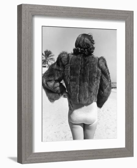 Model Wearing Fur Jacket over Bathing Suit During Walk on Miami's Beac-Alfred Eisenstaedt-Framed Photographic Print