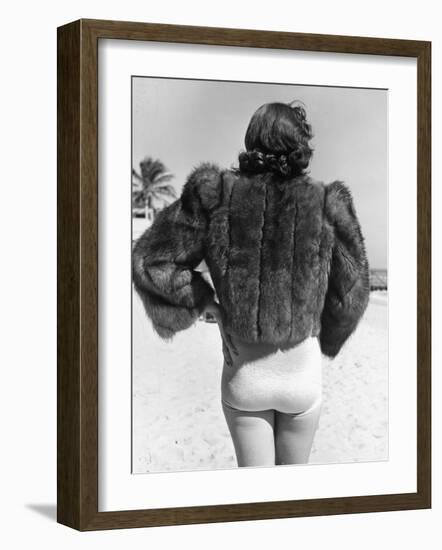 Model Wearing Fur Jacket over Bathing Suit During Walk on Miami's Beac-Alfred Eisenstaedt-Framed Photographic Print