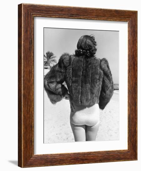 Model Wearing Fur Jacket over Bathing Suit During Walk on Miami's Beac-Alfred Eisenstaedt-Framed Photographic Print