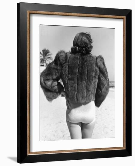 Model Wearing Fur Jacket over Bathing Suit During Walk on Miami's Beac-Alfred Eisenstaedt-Framed Photographic Print