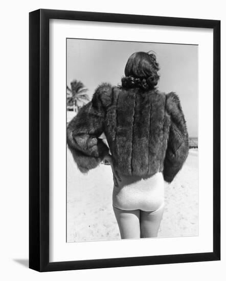 Model Wearing Fur Jacket over Bathing Suit During Walk on Miami's Beac-Alfred Eisenstaedt-Framed Photographic Print