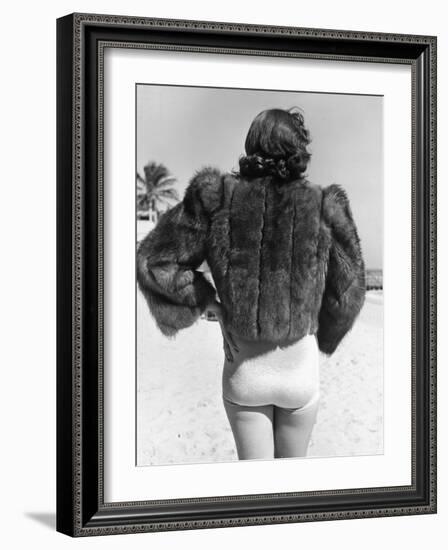 Model Wearing Fur Jacket over Bathing Suit During Walk on Miami's Beac-Alfred Eisenstaedt-Framed Photographic Print