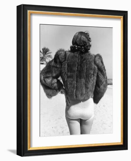 Model Wearing Fur Jacket over Bathing Suit During Walk on Miami's Beac-Alfred Eisenstaedt-Framed Photographic Print