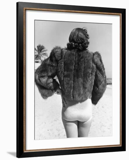 Model Wearing Fur Jacket over Bathing Suit During Walk on Miami's Beac-Alfred Eisenstaedt-Framed Photographic Print