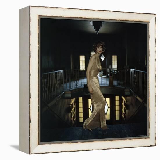 Model Wearing Gold Beaded Sheath Gown by Designer Helen Rose-Gordon Parks-Framed Premier Image Canvas