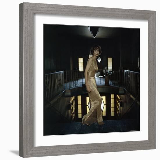 Model Wearing Gold Beaded Sheath Gown by Designer Helen Rose-Gordon Parks-Framed Premium Photographic Print