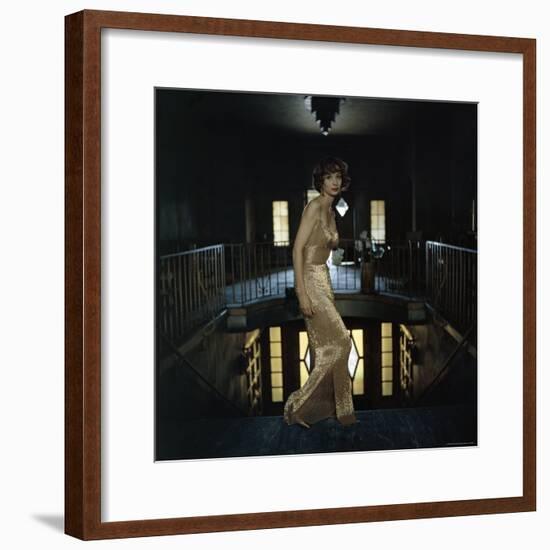 Model Wearing Gold Beaded Sheath Gown by Designer Helen Rose-Gordon Parks-Framed Premium Photographic Print