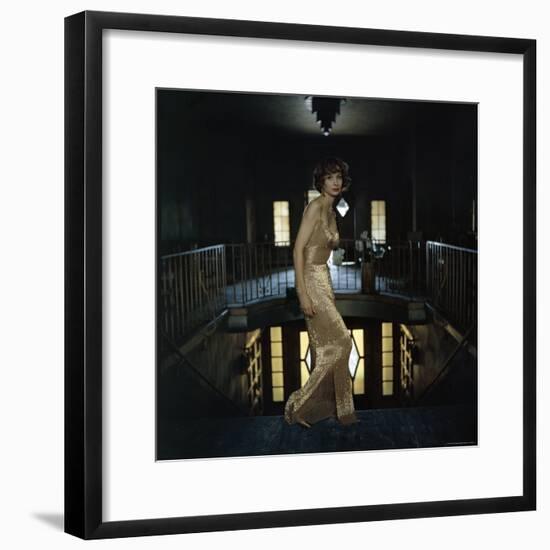 Model Wearing Gold Beaded Sheath Gown by Designer Helen Rose-Gordon Parks-Framed Premium Photographic Print