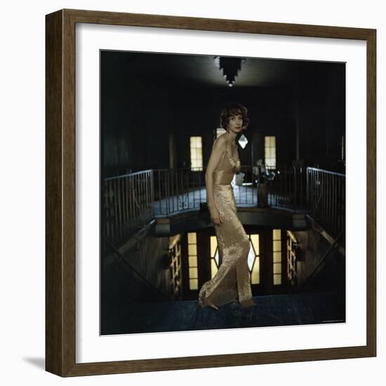 Model Wearing Gold Beaded Sheath Gown by Designer Helen Rose-Gordon Parks-Framed Photographic Print