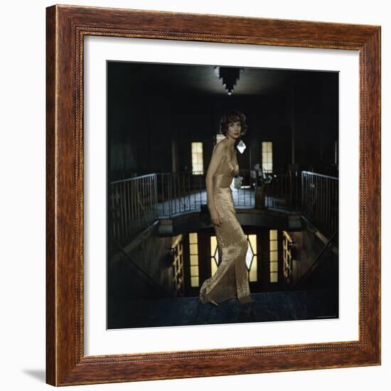 Model Wearing Gold Beaded Sheath Gown by Designer Helen Rose-Gordon Parks-Framed Photographic Print