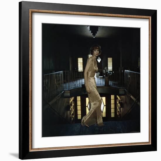 Model Wearing Gold Beaded Sheath Gown by Designer Helen Rose-Gordon Parks-Framed Photographic Print